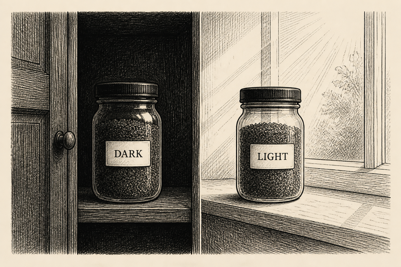 A drawn pair: jar in a dark cupboard, jar on a bright sill