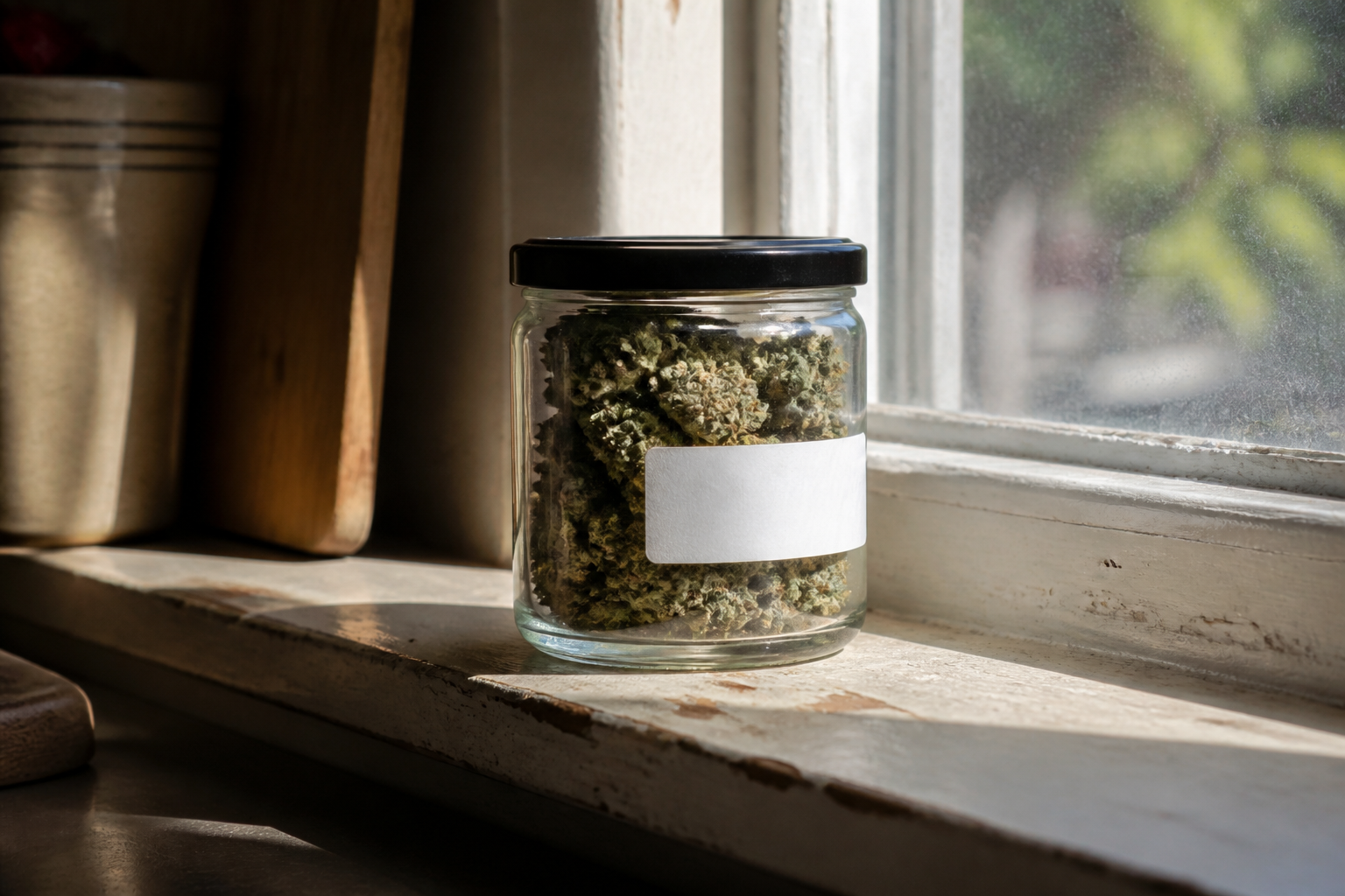 A clear jar of nugs sitting in a sunny windowsill