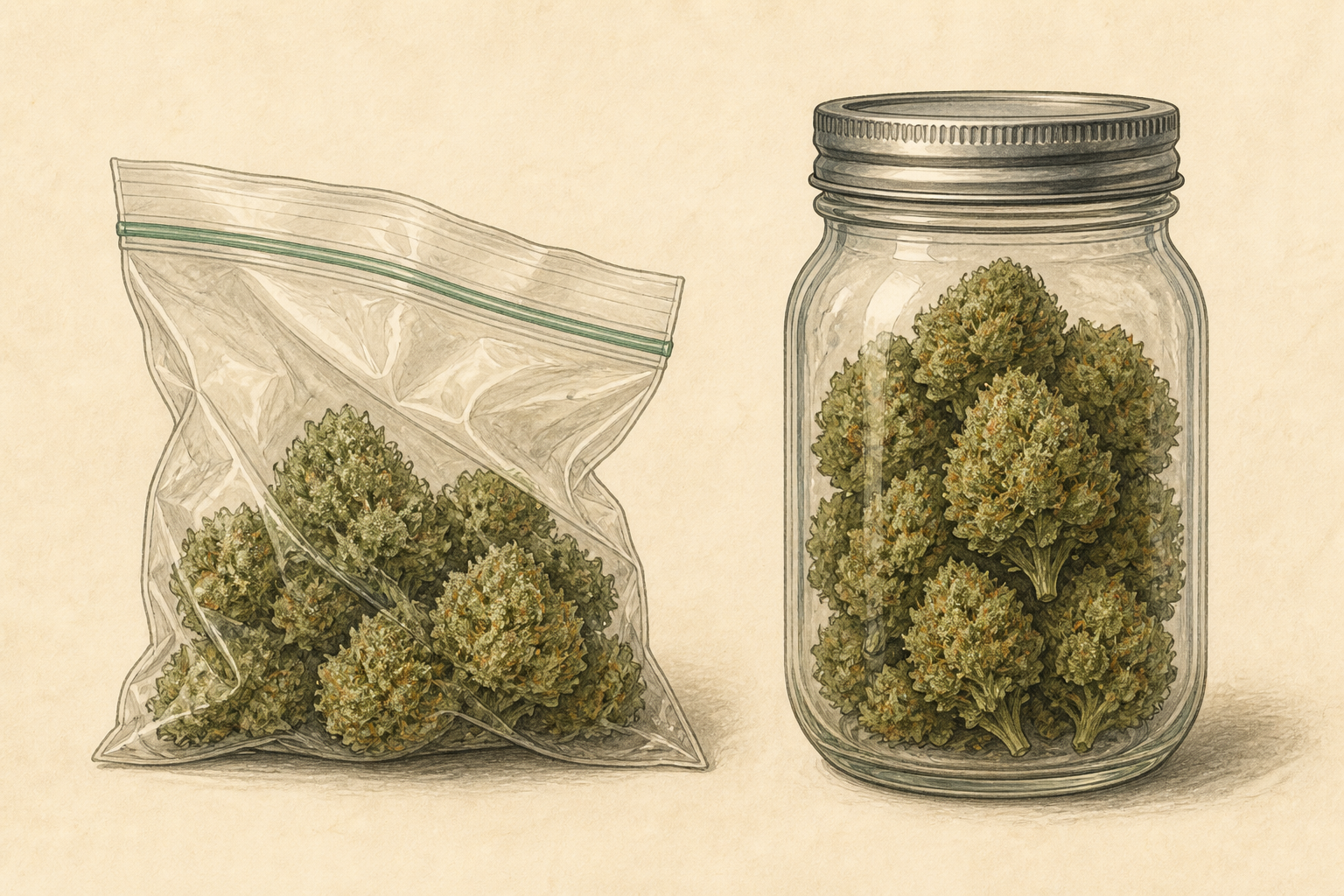 A drawn pair: a limp zip bag of nugs, the same nugs in a sealed mason jar
