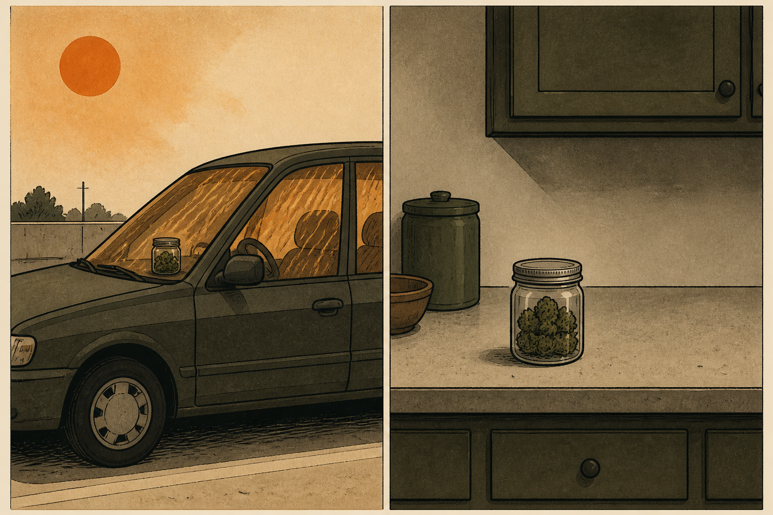 A drawn pair: jar baking in a closed cabin, jar taken inside