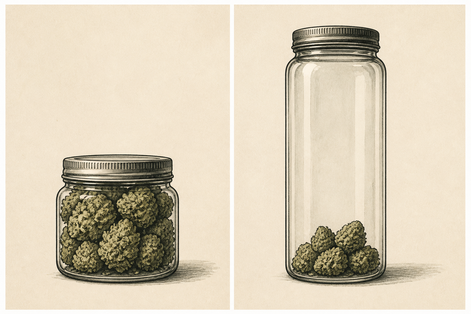 A drawn pair: a full small jar, a tall empty jar with the same nugs