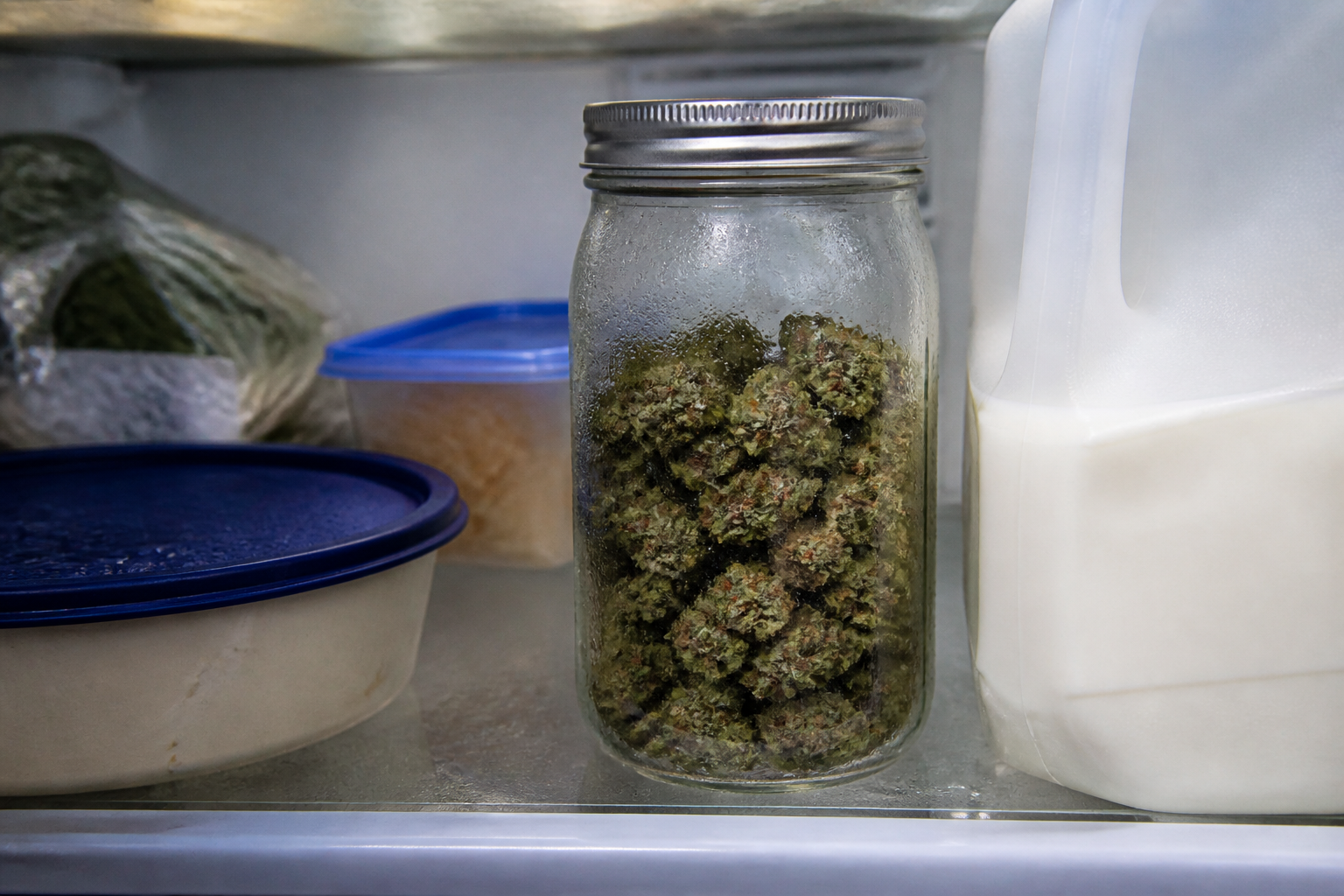 A jar of flower on a fridge shelf, glass beading