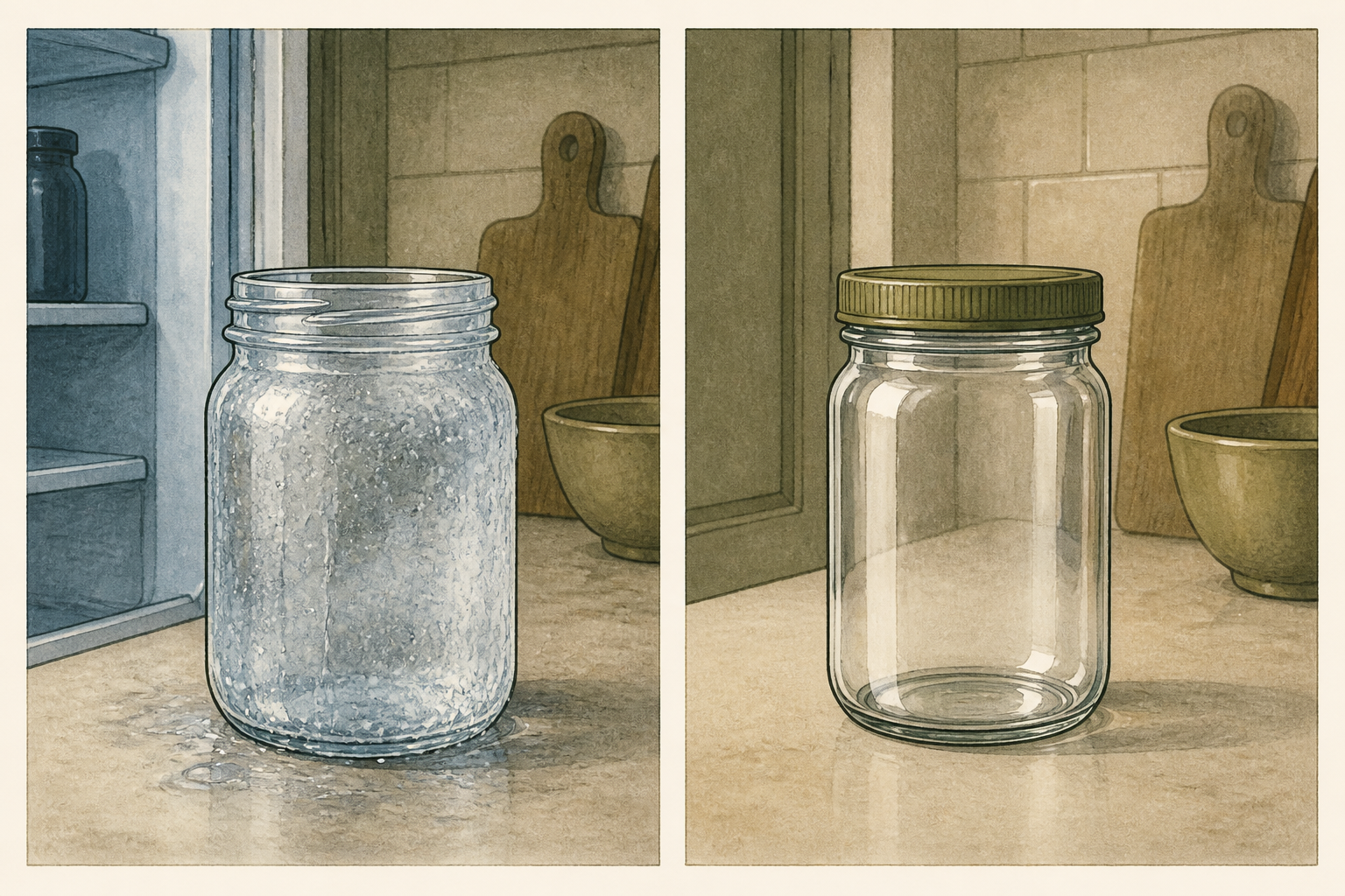 A drawn pair: lid cracked on a cold jar, lid left on until the glass clears