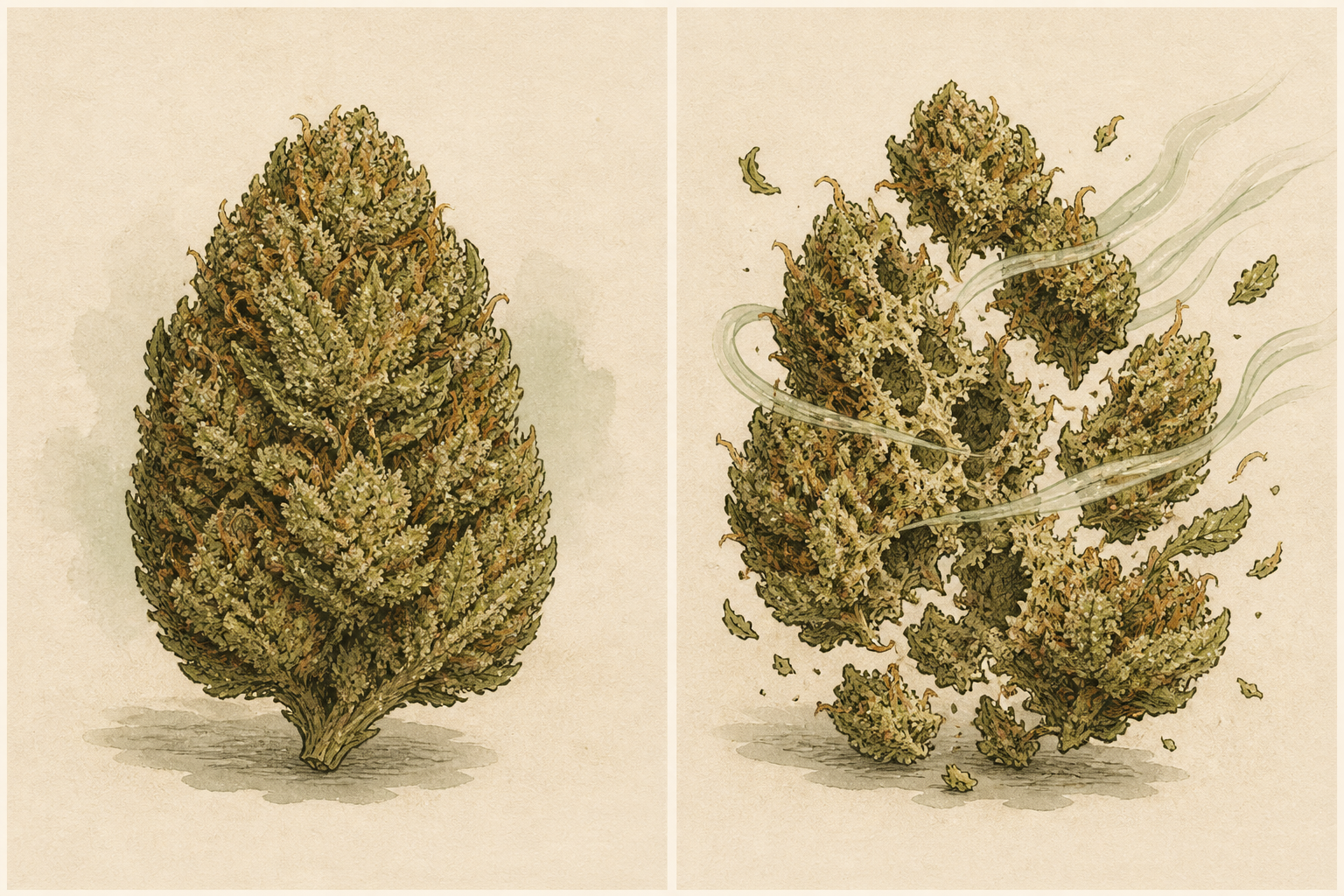 A drawn pair: intact heads, then the same nug opened