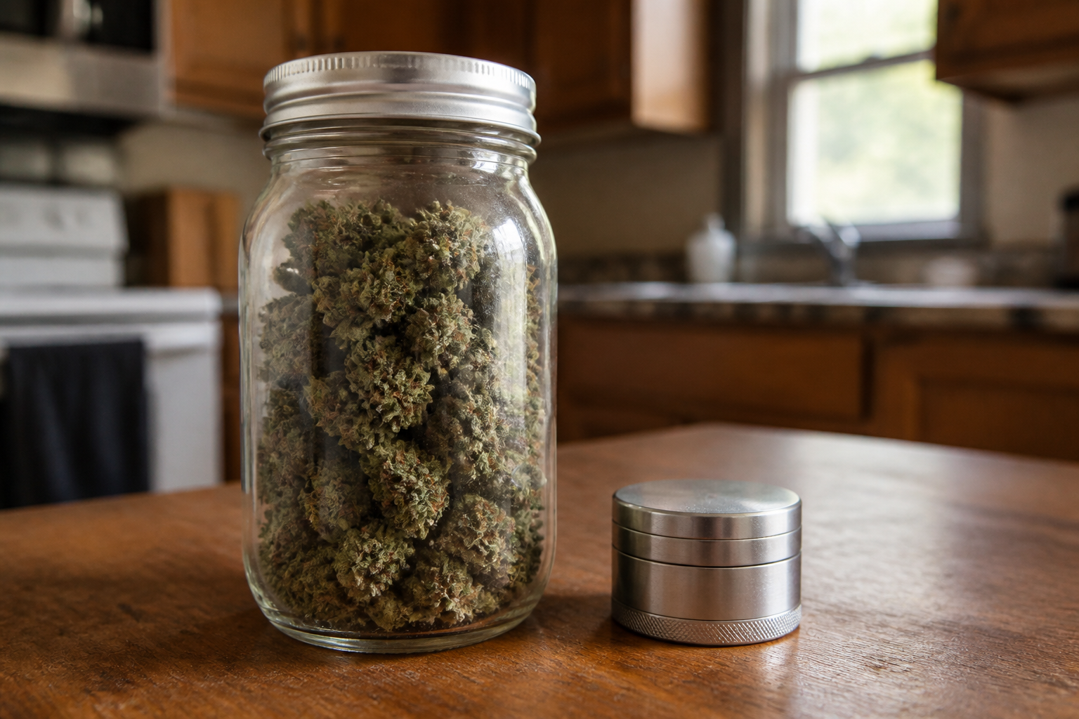A sealed jar of whole flower next to a grinder that stays closed