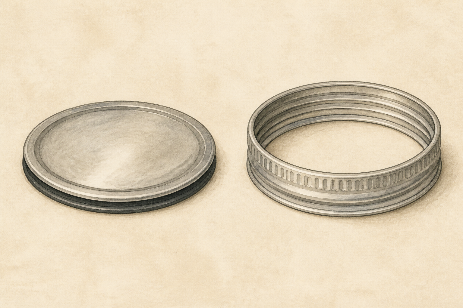 A drawn pair: the flat dome with its gasket, and the screw band