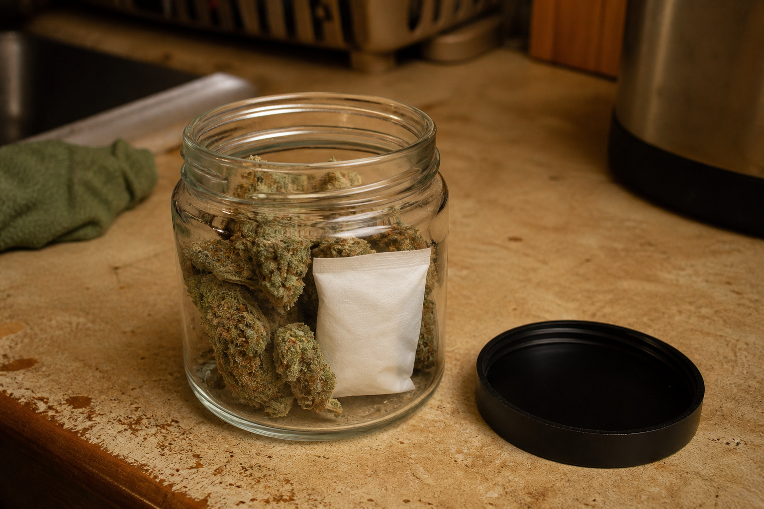 A humidity pack stuffed in a jar of nugs