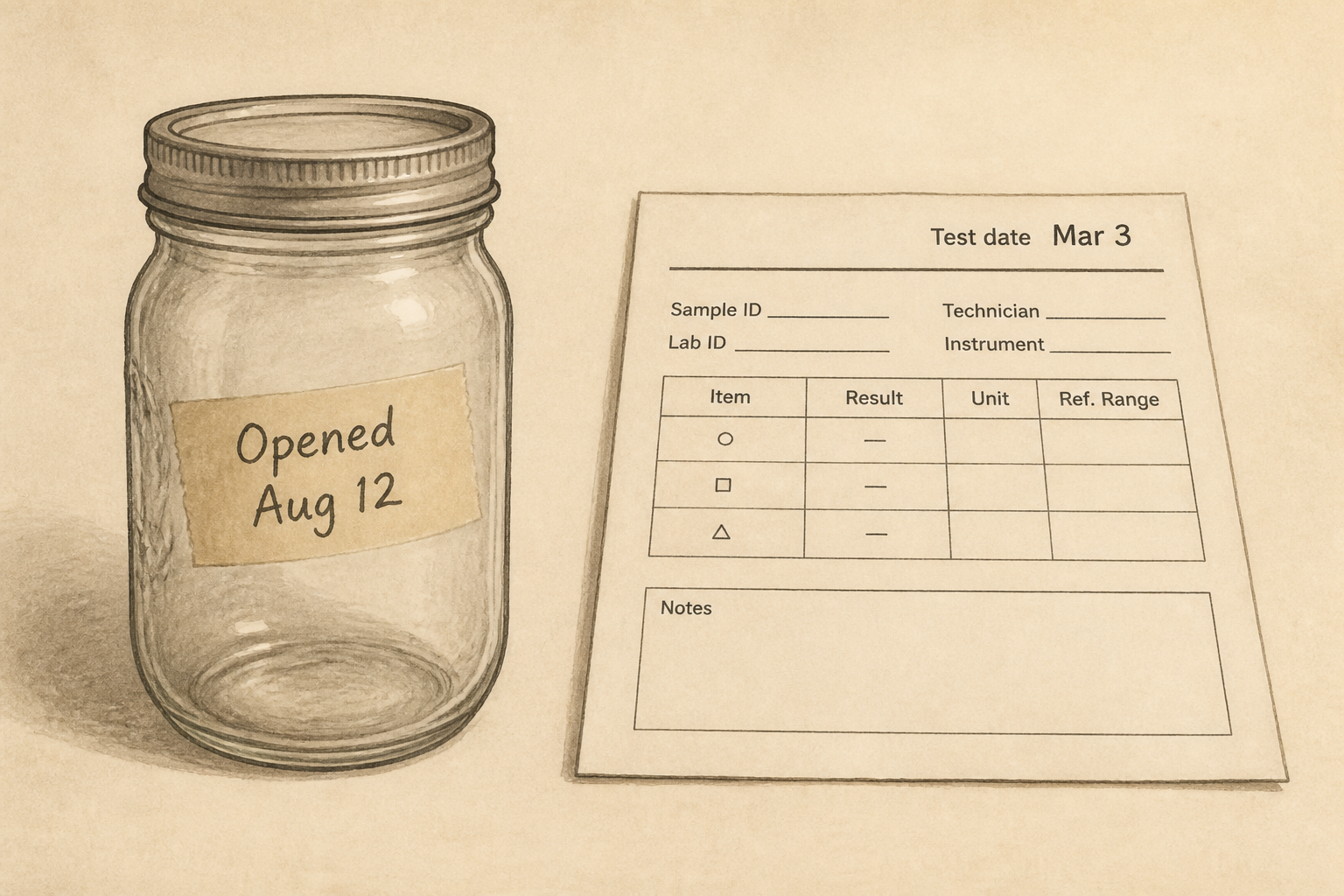 A drawn pair: tape on a jar, a lab date on a paper